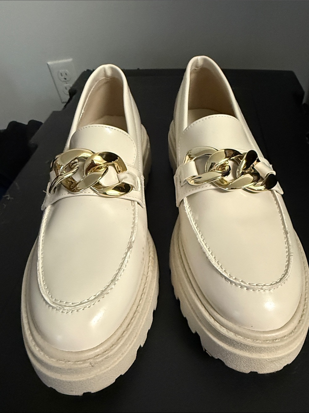 Steve Madden Women’s Cream Lug- Sole Loafers with Gold Chain Accent